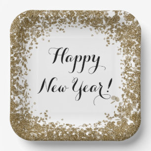 Assiettes En Carton Bonne année Simple or et blanc Confetti