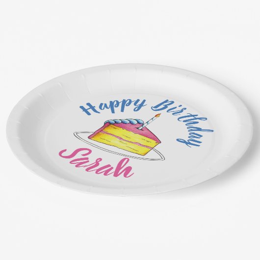 Assiettes En Carton Bonne fête d'anniversaire Pink Cake Slice Candle P (Angle)