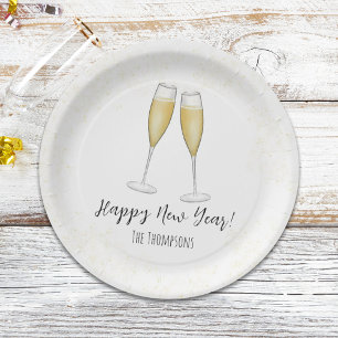 Assiettes En Carton Bonne fête du Nouvel An Champagne Aquarelle Or