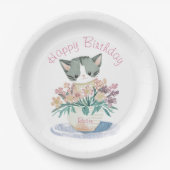 Assiettes En Carton Bonne fille d'anniversaire | Nom du chaton mignon (Devant)