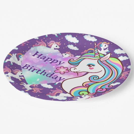 Assiettes En Carton Bonne licorne d'anniversaire (Angle)