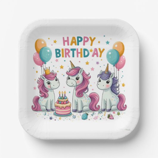 Assiettes En Carton Bonne licorne d'anniversaire (Recto)