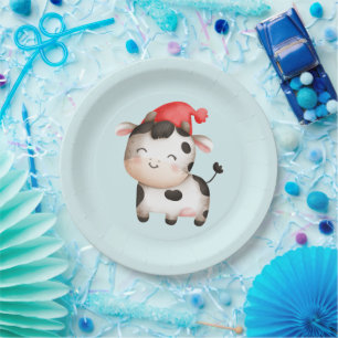 Assiettes En Carton Bonne vache dans un Casquette rouge mignon