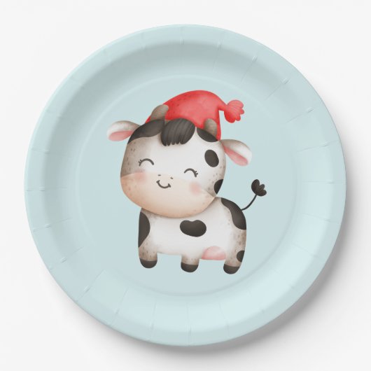 Assiettes En Carton Bonne vache dans un Casquette rouge mignon (Devant)