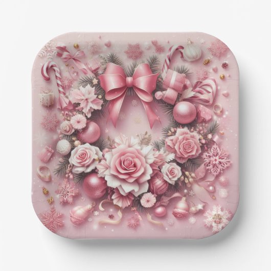 Assiettes En Carton Bons de Noël rose magnifique couronne fleuris (Recto)