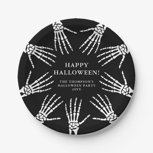 Assiettes En Carton Bony Skeleton Mains sur Black Halloween heureux (Devant)