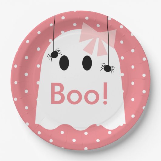 Assiettes En Carton Boo ! Halloween Ghost GIrl Ribbon mignon rose (Devant)