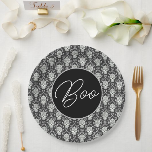 Assiettes En Carton Boo ! Plaque en papier Damas de crâne gothique (Mariage)