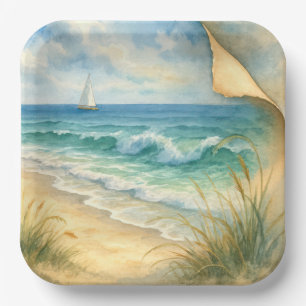 Assiettes En Carton Bord de mer et voilier à l'aquarelle