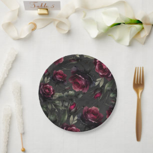 Assiettes En Carton Bordeaux Red Roses Shadowy Grey Floral Mariage
