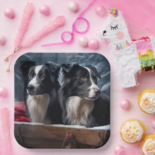 Assiettes En Carton Border Collie enneigé Luge Noël décoration 