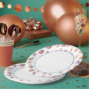 Assiettes En Carton Bordure Bleue avec Illustrations Patriotiques