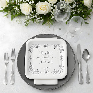 Assiettes En Carton Bordure Botanique Moderne Mariage Nom Personnalisé