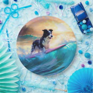 Assiettes En Carton Bordure Collie Beach Plage Plage Plage de surf Pei