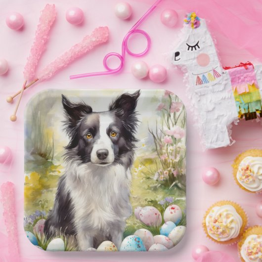 Assiettes En Carton Bordure Collie Chien avec Oeufs de Pâques Fête (Fête)