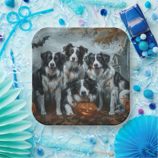 Assiettes En Carton Bordure Collie Halloween nuit Chien ravir (Fête)