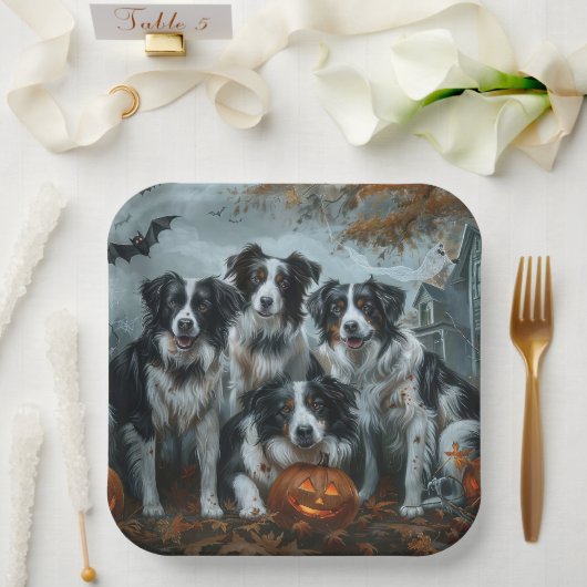 Assiettes En Carton Bordure Collie Halloween nuit Chien ravir (Mariage)
