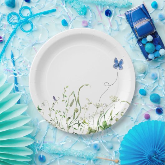 Assiettes En Carton Bordure fleur sauvage avec papillon bleu (Fête)