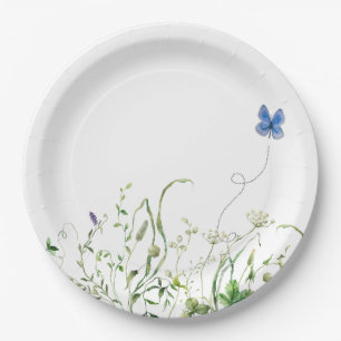 Assiettes En Carton Bordure fleur sauvage avec papillon bleu