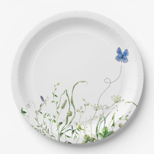 Assiettes En Carton Bordure fleur sauvage avec papillon bleu (Devant)