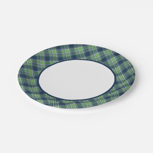 Assiettes En Carton Bordure Plaid Sportive Bleu et Vert clair (Angle)