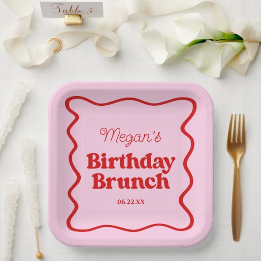 Assiettes En Carton Bordure rouge rose Vague Anniversaire Brunch Party (Mariage)
