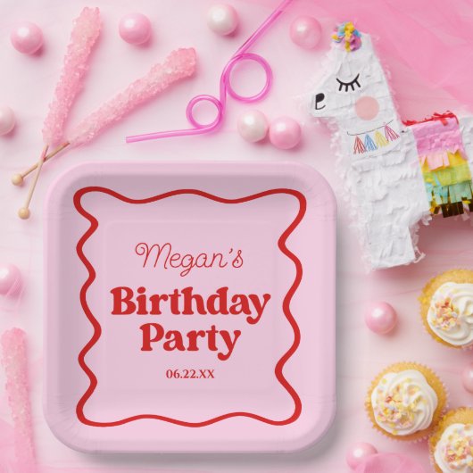 Assiettes En Carton Bordure rouge rose vague fête d'anniversaire (Fête)