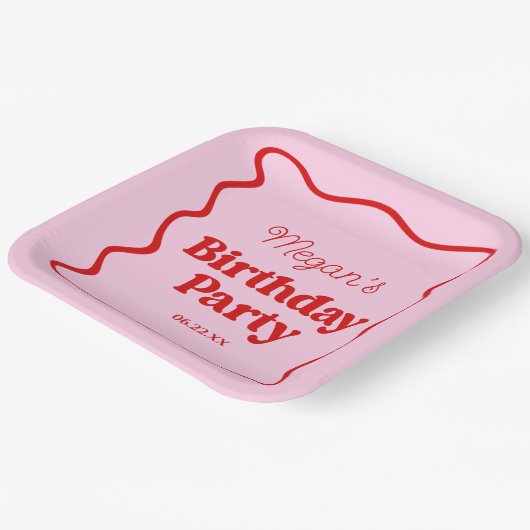 Assiettes En Carton Bordure rouge rose vague fête d'anniversaire (Angulaire)