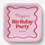 Assiettes En Carton Bordure rouge rose vague fête d'anniversaire (Recto)