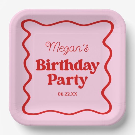 Assiettes En Carton Bordure rouge rose vague fête d'anniversaire (Recto)