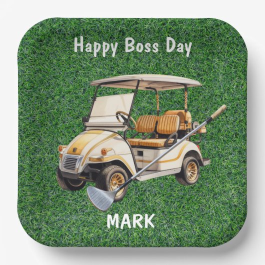 Assiettes En Carton Boss Day avec voiturette de golf pour Golfer (Recto)