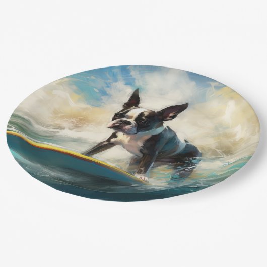 Assiettes En Carton Boston Terrier Beach Surfing Peinture (Angle)