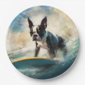 Assiettes En Carton Boston Terrier Beach Surfing Peinture (Devant)