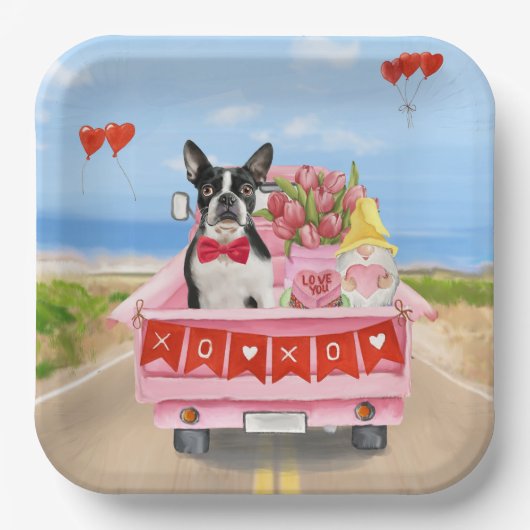 Assiettes En Carton Boston Terrier Chien Valentine's Day Truck Hearts (Recto)