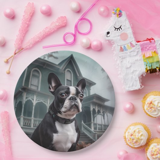 Assiettes En Carton Boston Terrier Halloween effrayant (Fête)