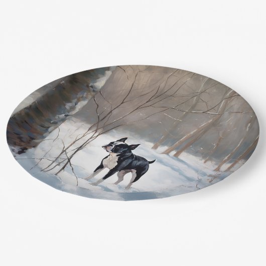 Assiettes En Carton Boston Terrier Laisser neiger Noël (Angle)