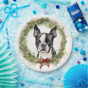 Assiettes En Carton Boston Terrier Noël Wreath Festive Pup
