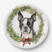 Assiettes En Carton Boston Terrier Noël Wreath Festive Pup (Devant)