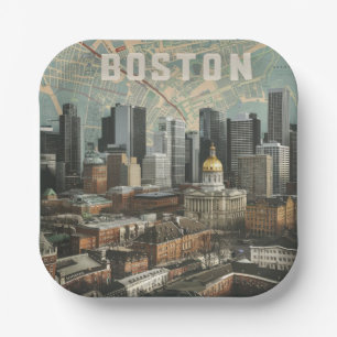 Assiettes En Carton Boston, vue panoramique de la ville avec carte