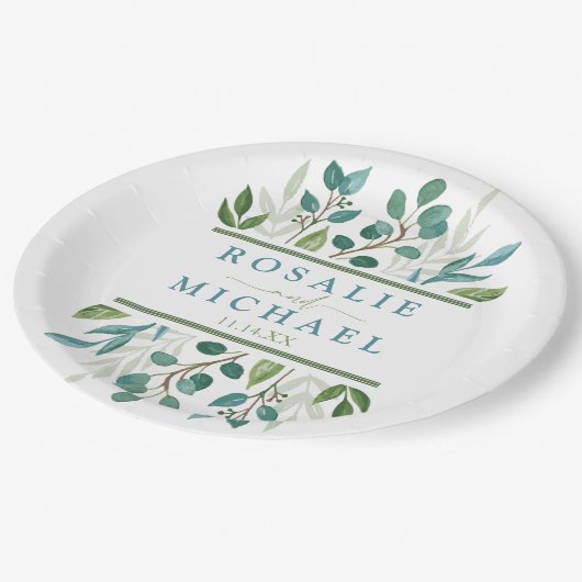 Assiettes En Carton Botanical Green Nom personnalisé (Angle)