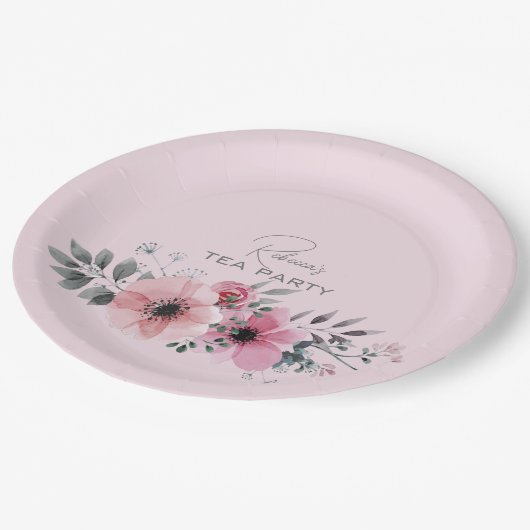 Assiettes En Carton Botanique chic floral élégant gris fleur rose (Angle)