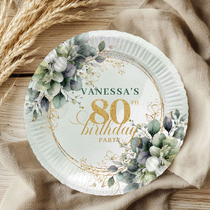 Assiettes En Carton Botanique Vert Poussiéreux Aquarelle 80e Anniversa