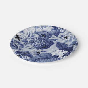Assiettes En Carton Botanique vintage et insectes Toile floral de bleu