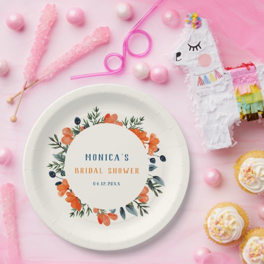 Assiettes En Carton Botaniques en fleurs Fête des mariées verte orange (Fête)