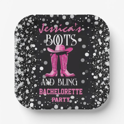 Assiettes En Carton Bottes roses et Bling Bachelorette (Recto)