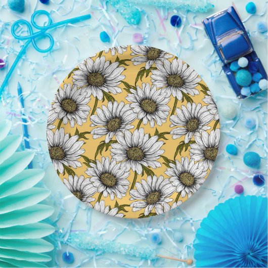 Assiettes En Carton Bouches blanches, fleurs sauvages sur jaune (Fête)