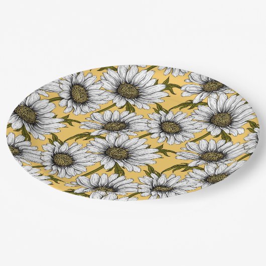 Assiettes En Carton Bouches blanches, fleurs sauvages sur jaune (Angle)