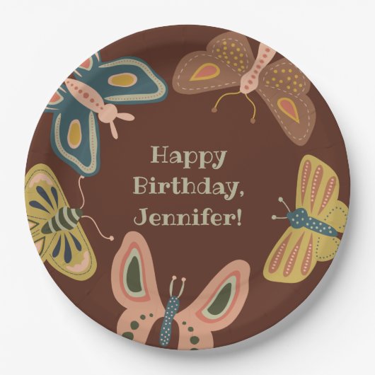 Assiettes En Carton Bouches d'art populaire, Papillons Plutôt Brown (Devant)