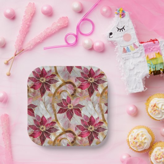 Assiettes En Carton Boucles d'or Bourgogne rose Poinsettias de Noël (Fête)