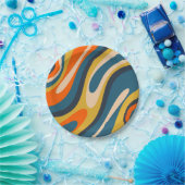 Assiettes En Carton Boucles ondulées Motif Abstrait rétro Bleu orange (Fête)